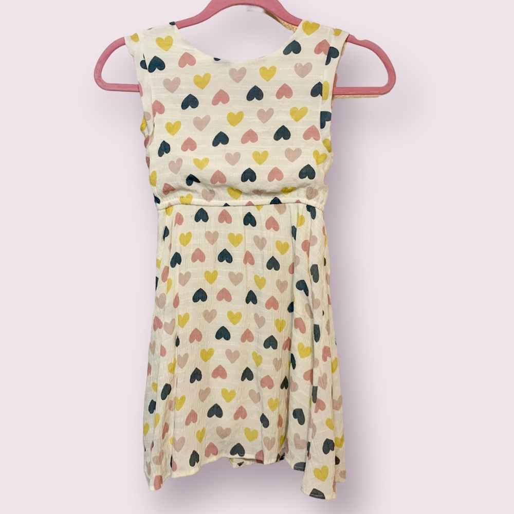 Mabel + Honey Open Hearts Woven Dress Sleeveless Cream & Pastel Girl’s Size 7